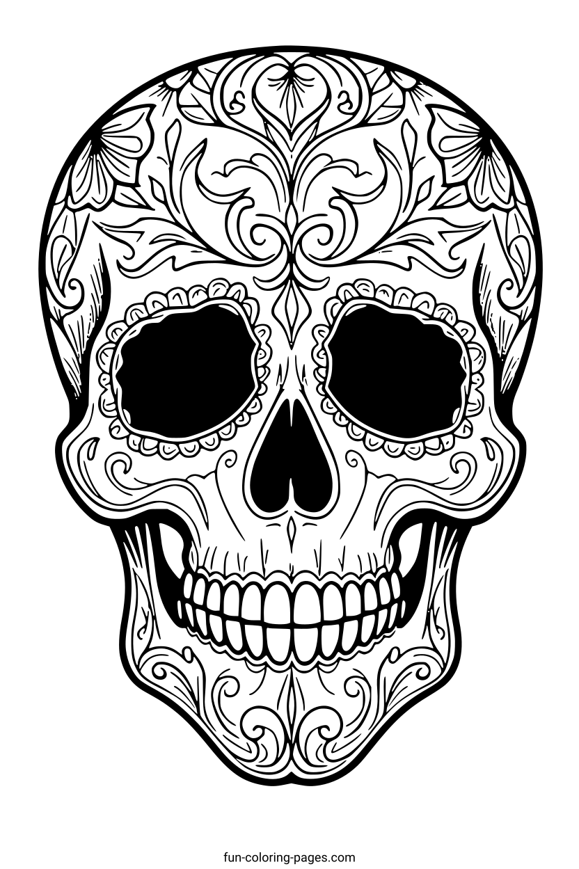 Intricate Day of the Dead Skull – free printable coloring page, available as PDF and SVG