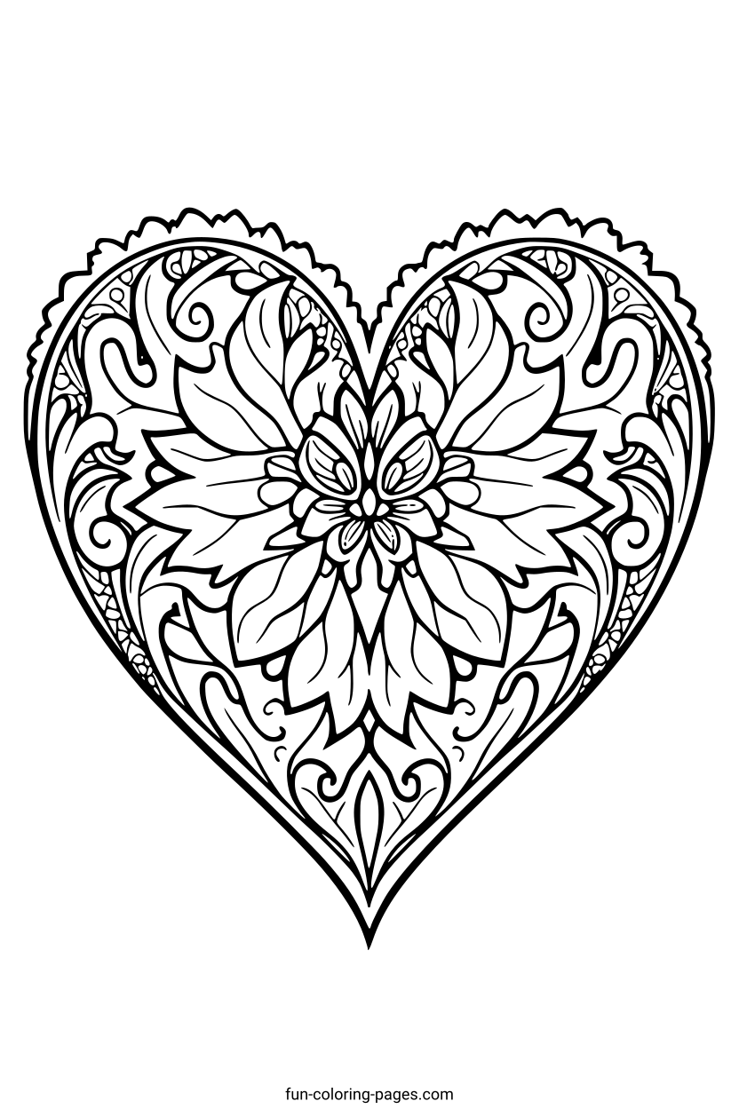Intricate Floral Heart – free printable coloring page, available as PDF and SVG