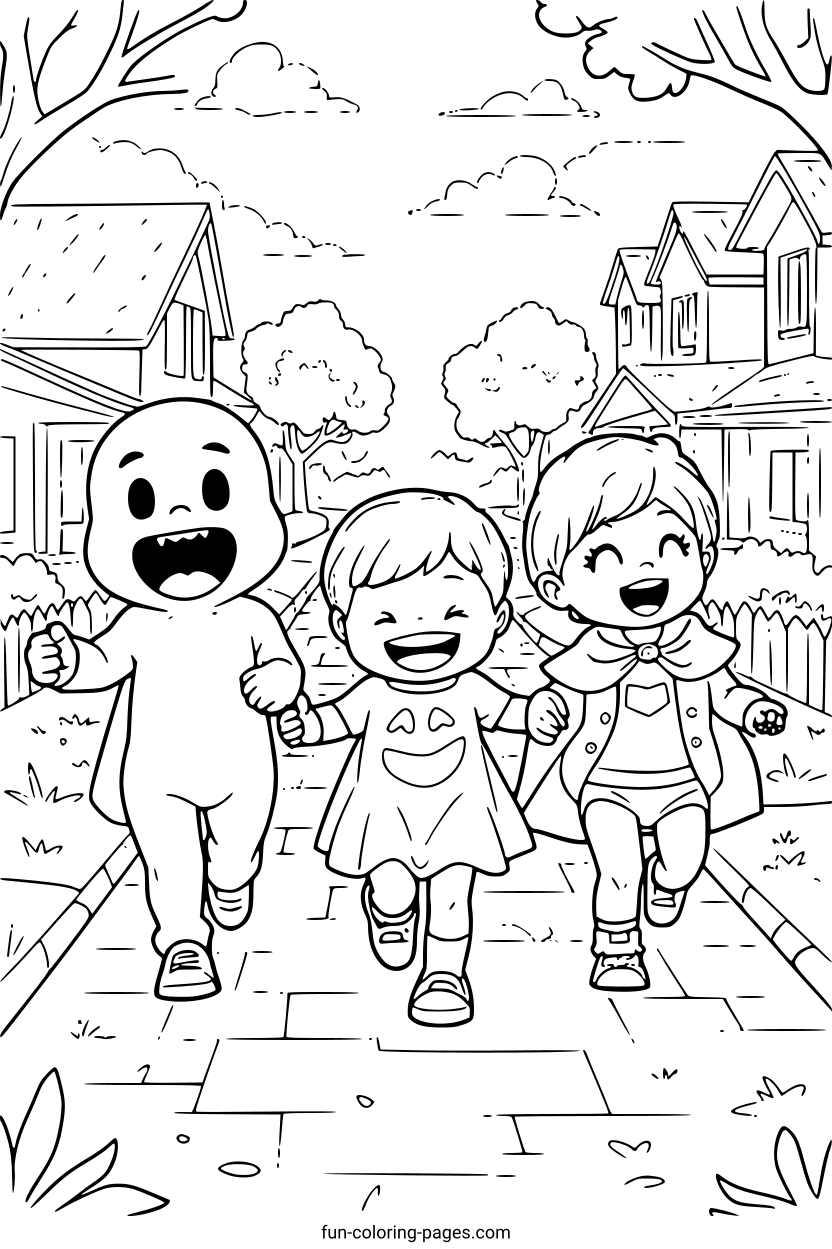 Joyful Children In Halloween Costumes – free printable coloring page, available as PDF and SVG