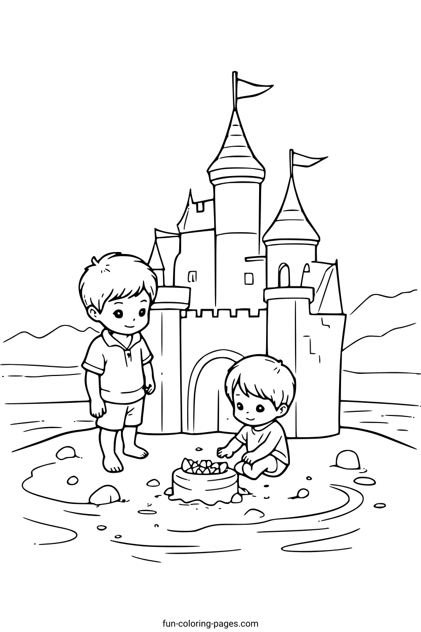 Kids and Sand Castle – free printable coloring page, available as PDF and SVG