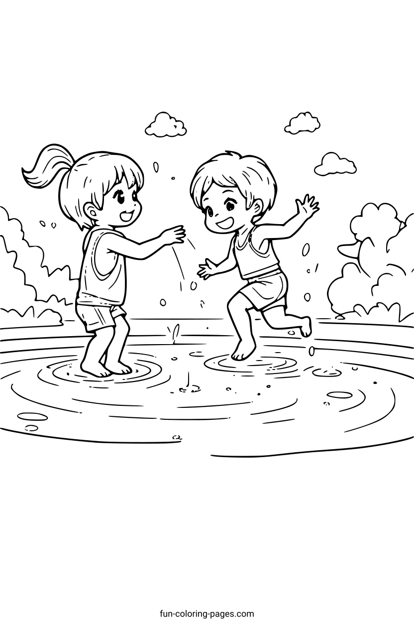 Kids Dancing in Rain Puddles – free printable coloring page, available as PDF and SVG