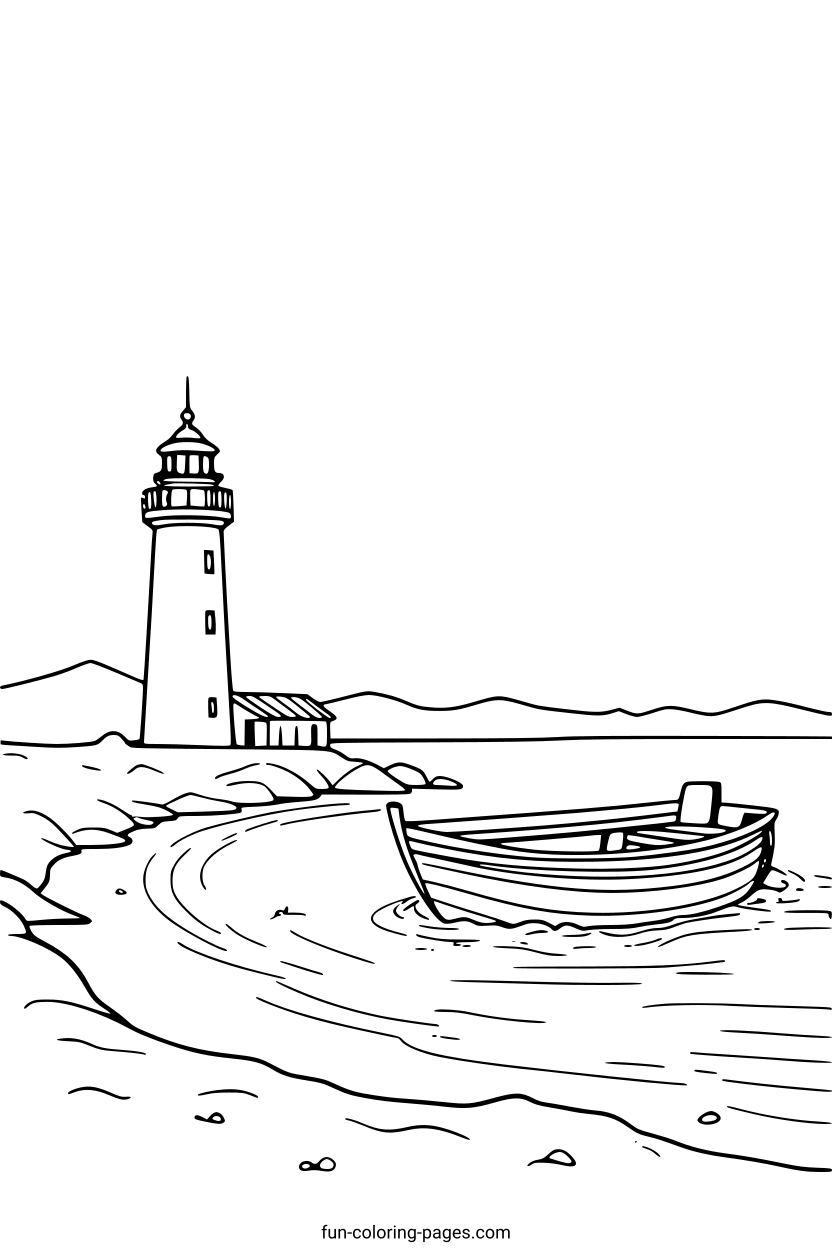 Lighthouse by the Shore – free printable coloring page, available as PDF and SVG