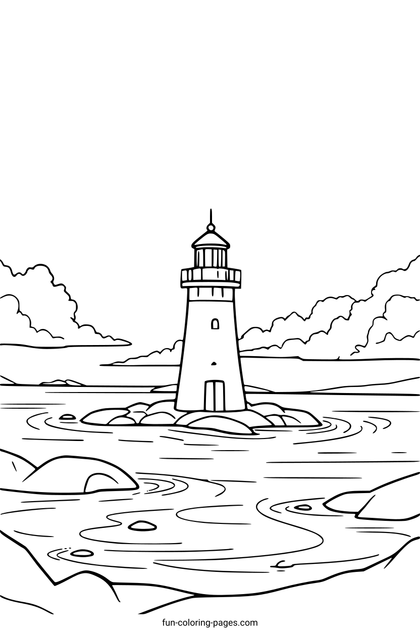 Lighthouse on Rocky Island – free printable coloring page, available as PDF and SVG