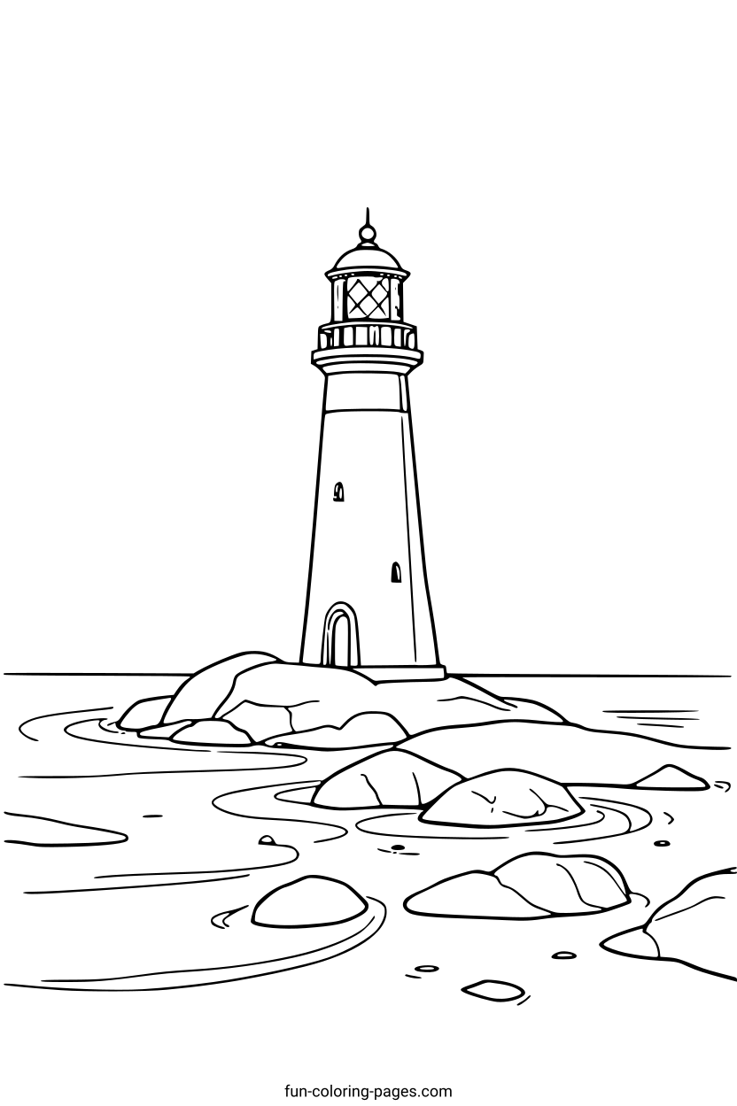 Lighthouse on Rocky Island – free printable coloring page, available as PDF and SVG