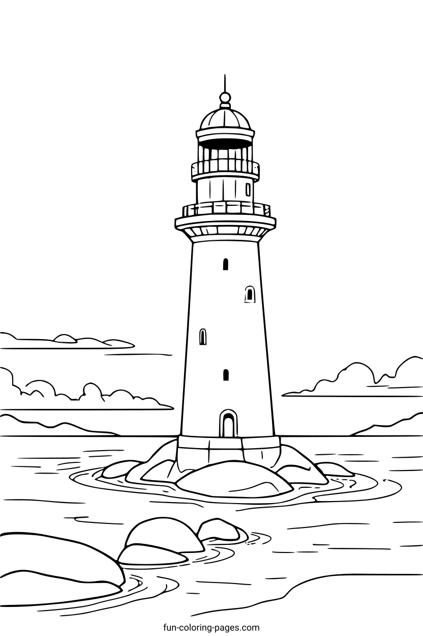 Lighthouse on Rocky Island – free printable coloring page, available as PDF and SVG