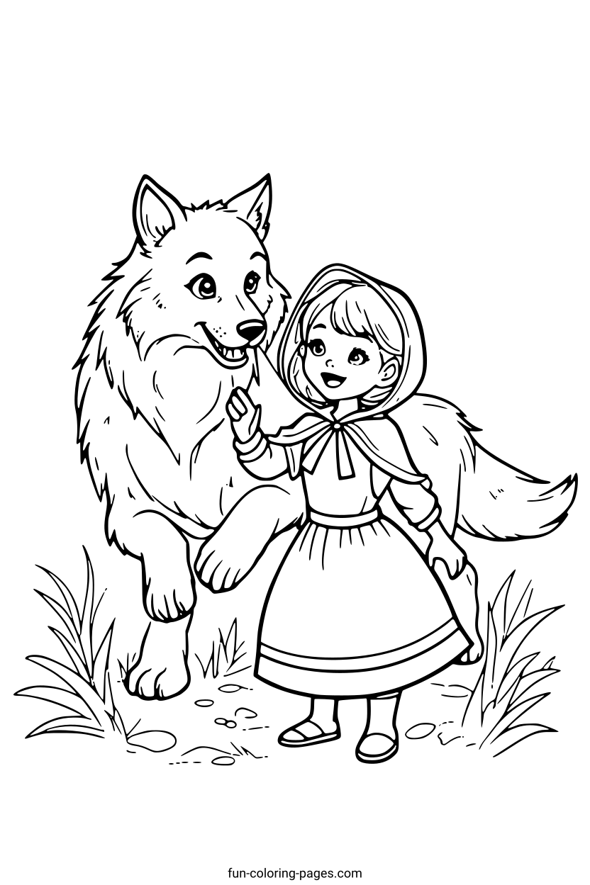 Little Red Riding Hood with Wolf – free printable coloring page, available as PDF and SVG