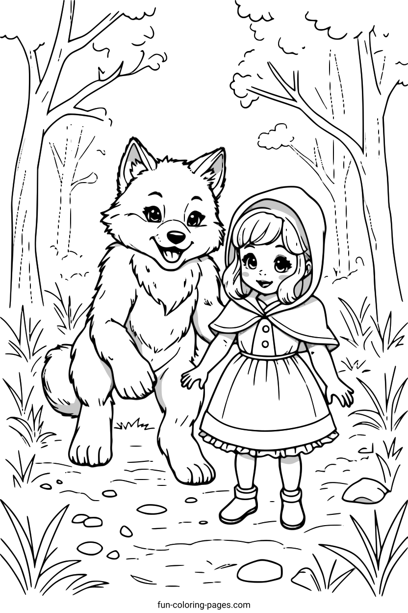 Little Red Riding Hood with Wolf – free printable coloring page, available as PDF and SVG