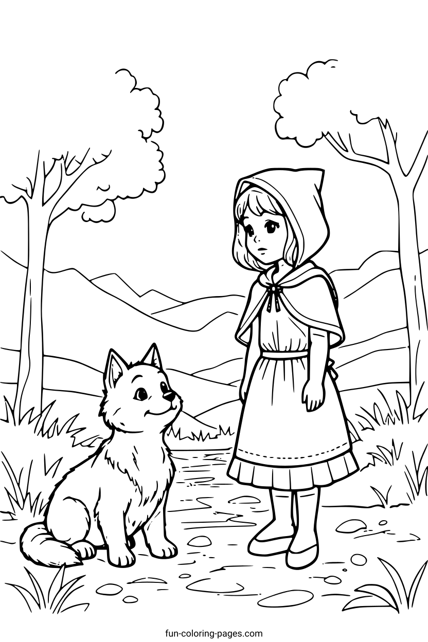 Little Red Riding Hood with Wolf – free printable coloring page, available as PDF and SVG