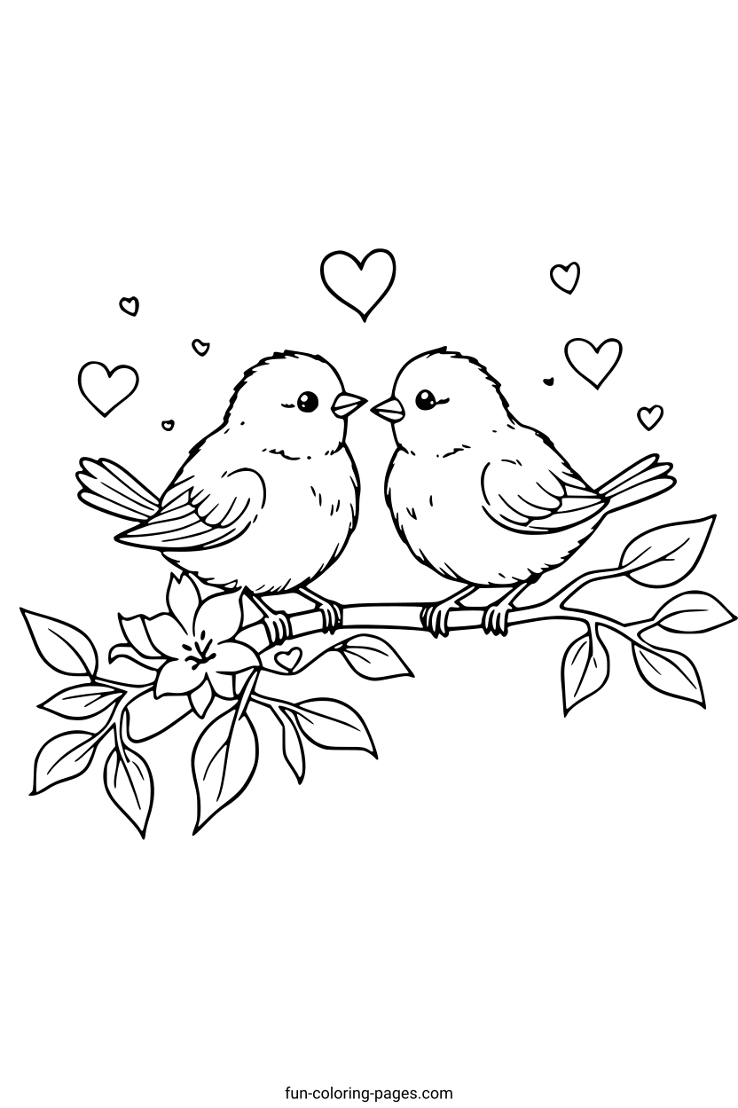 Loving Birds on a Branch – free printable coloring page, available as PDF and SVG