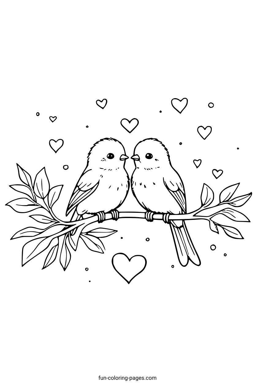 Loving Birds on a Branch – free printable coloring page, available as PDF and SVG