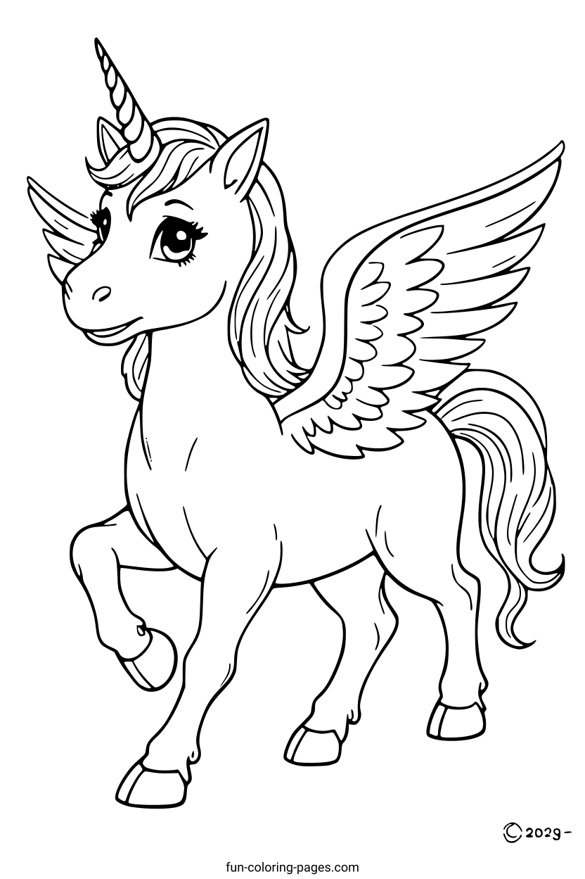 Magical Flying Unicorn – free printable coloring page, available as PDF and SVG