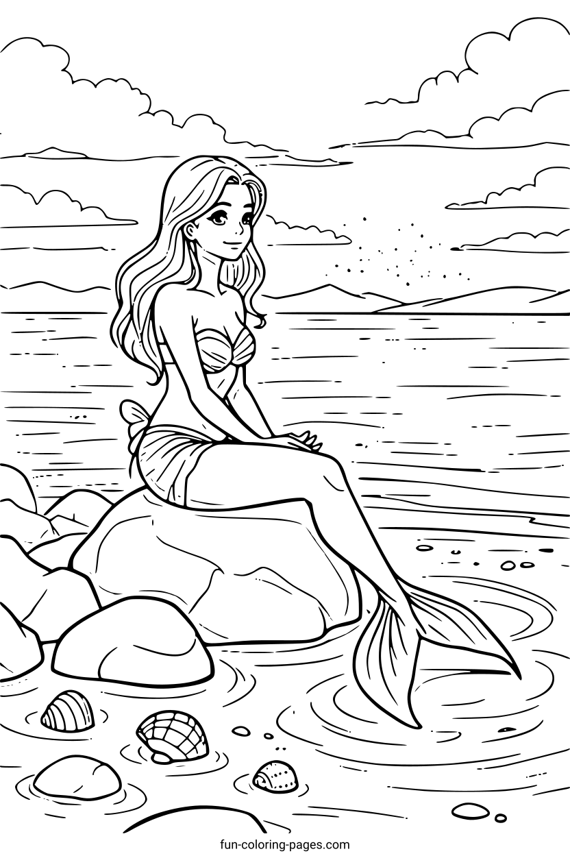 Mermaid by the Shore – free printable coloring page, available as PDF and SVG
