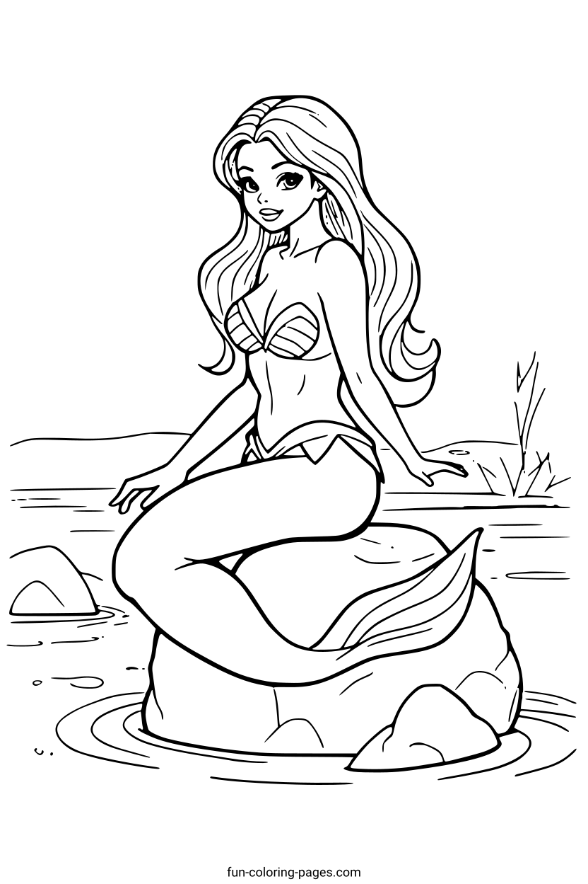 Mermaid Sitting on a Rock – free printable coloring page, available as PDF and SVG