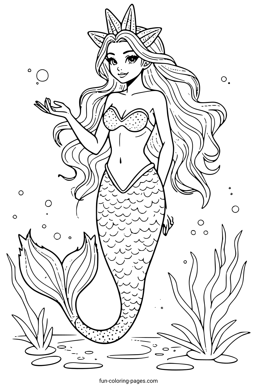 Mermaid with Unicorn Horns – free printable coloring page, available as PDF and SVG