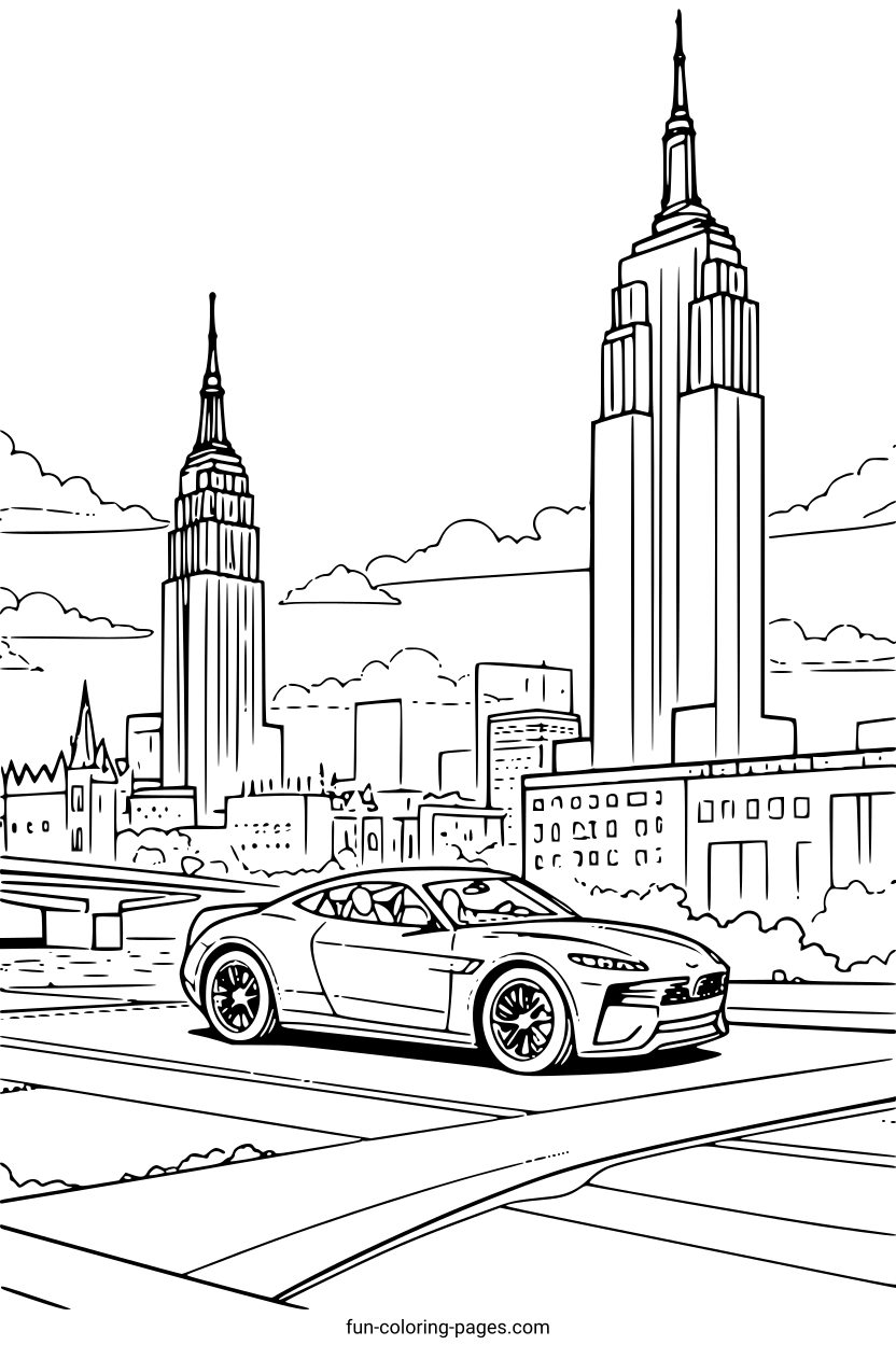 Modern Cityscape with Supercar – free printable coloring page, available as PDF and SVG