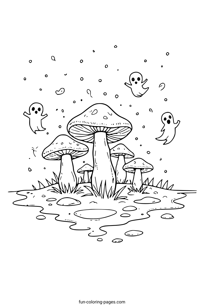 Mushrooms with Tiny Ghosts – free printable coloring page, available as PDF and SVG