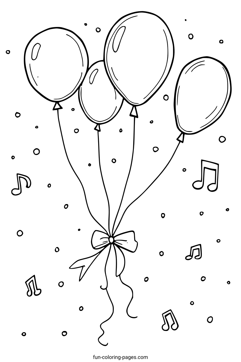 Musical Balloons with Ribbons – free printable coloring page, available as PDF and SVG