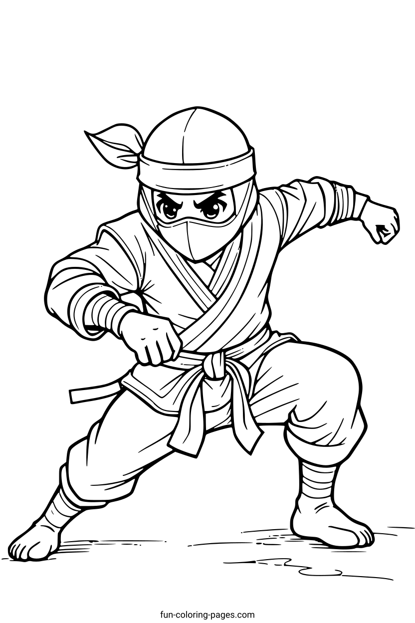 Ninja in Dynamic Pose – free printable coloring page, available as PDF and SVG