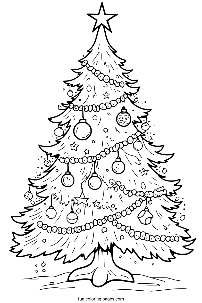 Ornamented Christmas Tree – free printable coloring page, available as PDF and SVG
