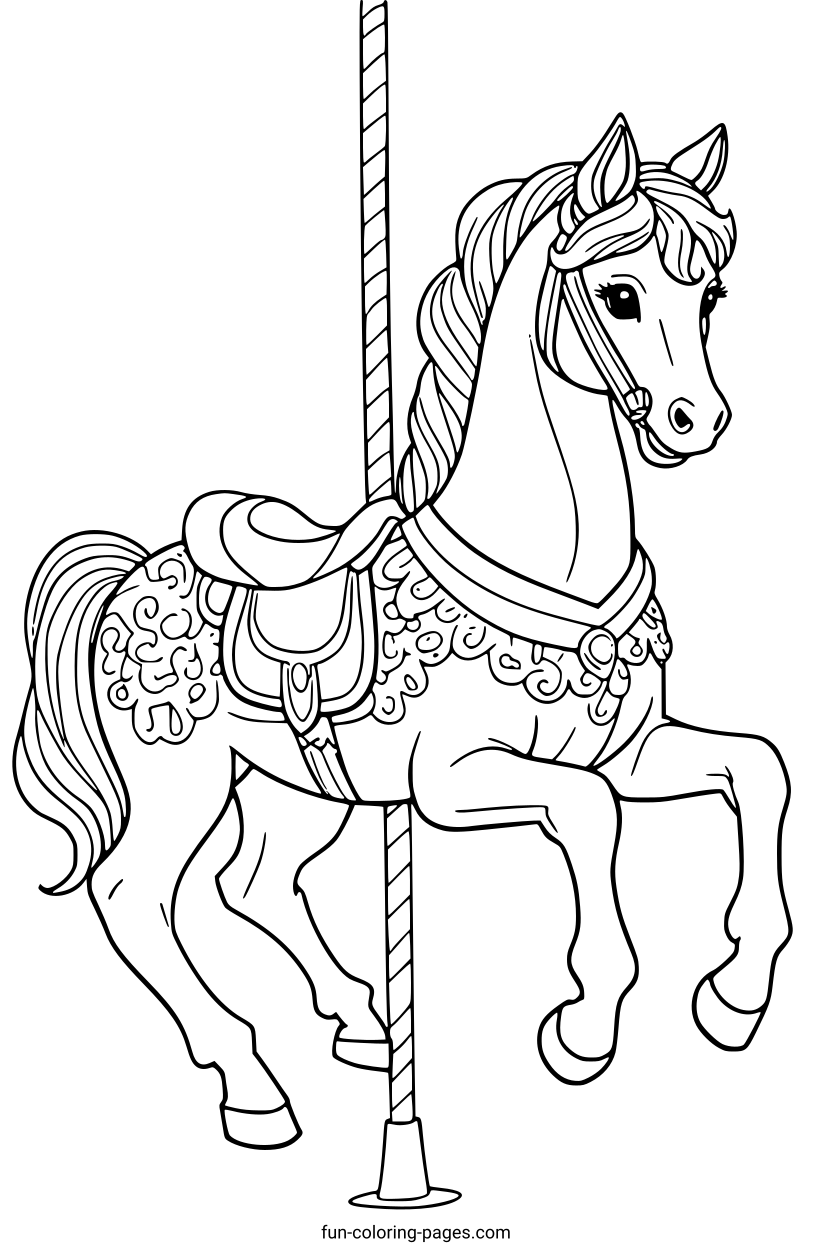 Ornate Carousel Horse – free printable coloring page, available as PDF and SVG