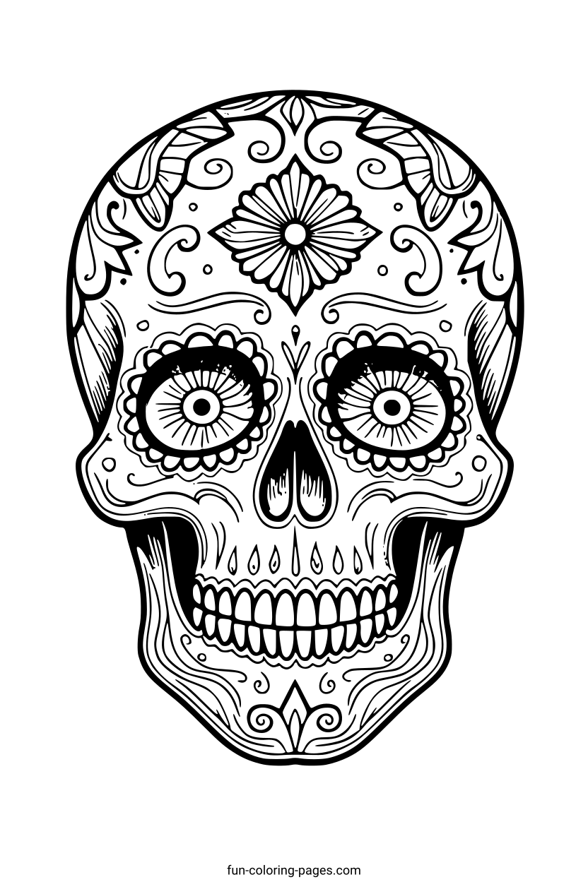Ornate Day Of The Dead Skull – free printable coloring page, available as PDF and SVG