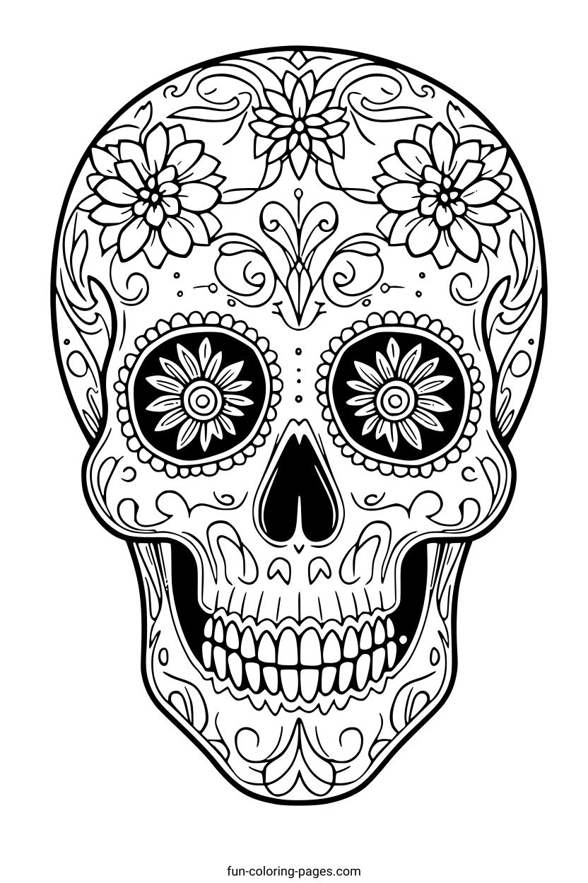 Ornate Day of the Dead Skull – free printable coloring page, available as PDF and SVG