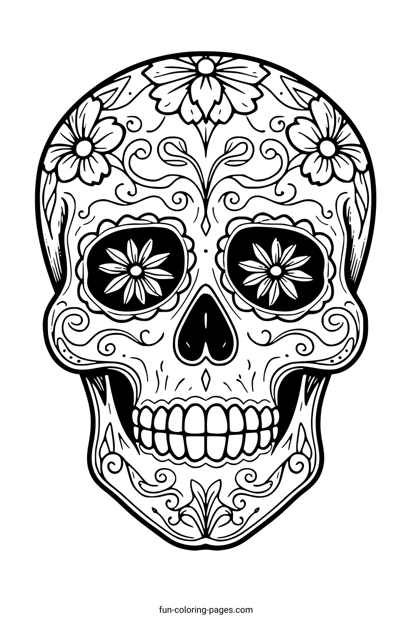 Ornate Day Of The Dead Skull – free printable coloring page, available as PDF and SVG