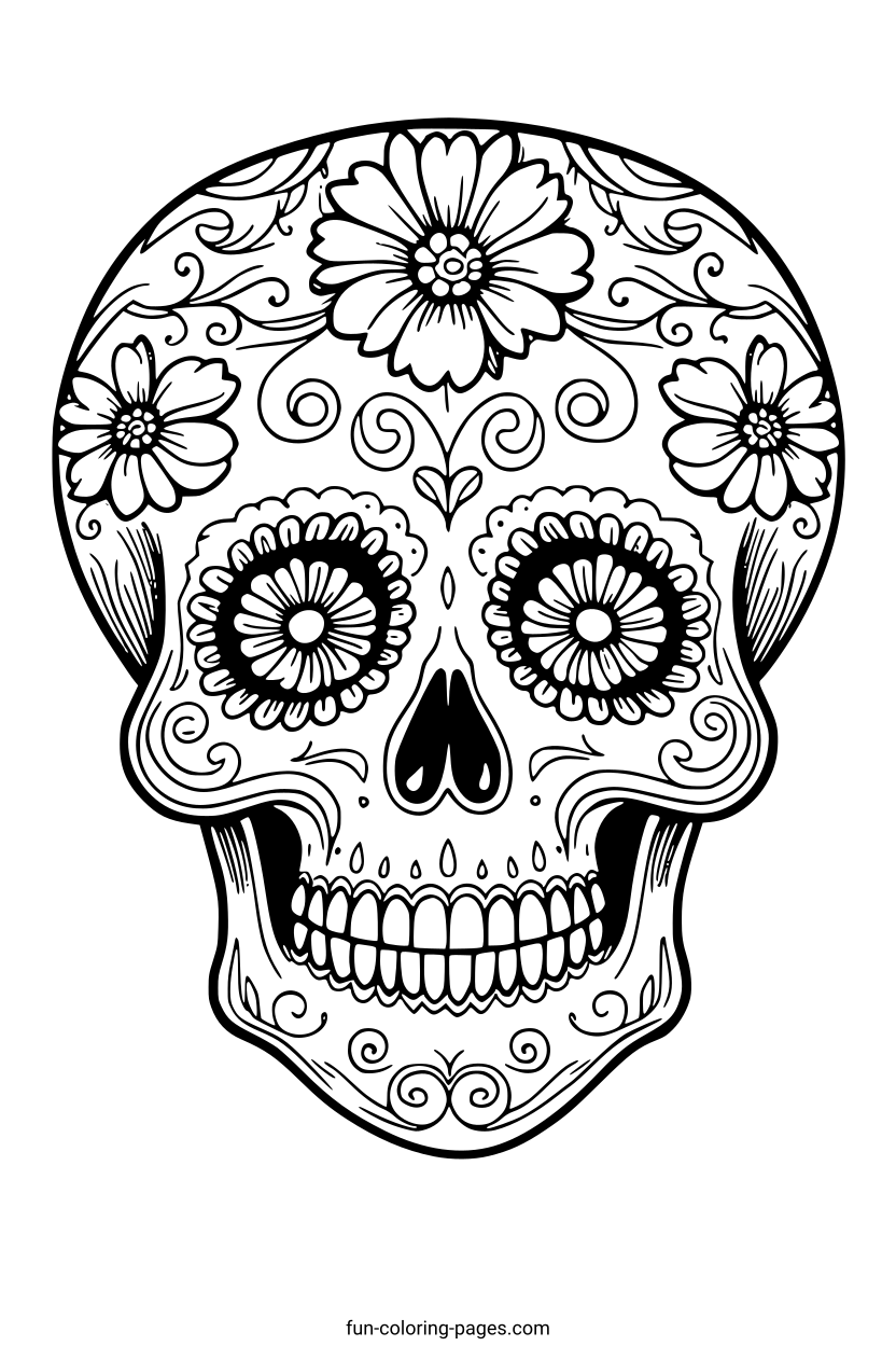 Ornate Day Of The Dead Skull – free printable coloring page, available as PDF and SVG