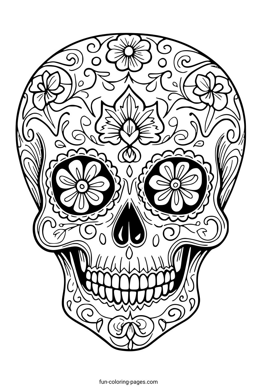 Ornate Day of the Dead Skull – free printable coloring page, available as PDF and SVG