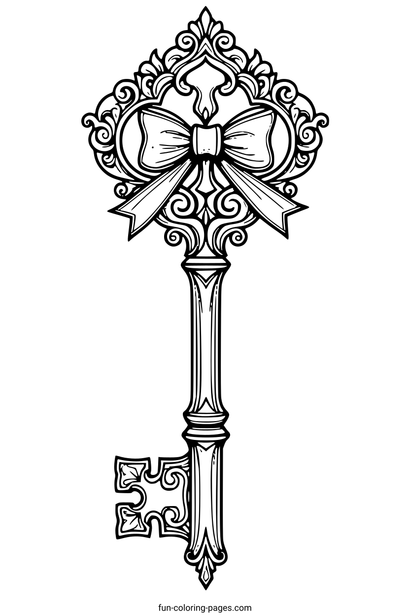 Ornate Skeleton Key with Bow – free printable coloring page, available as PDF and SVG