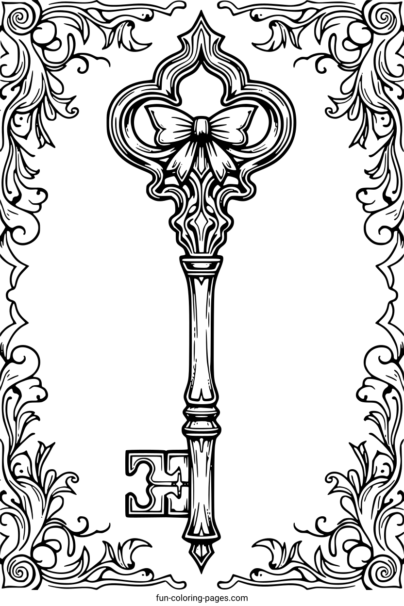 Ornate Skeleton Key with Decorative Bow – free printable coloring page, available as PDF and SVG