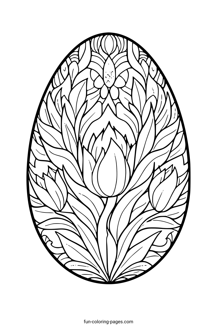 Ornate Tulip Easter Egg – free printable coloring page, available as PDF and SVG