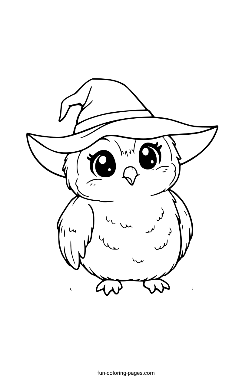 Owl in a Witch Hat – free printable coloring page, available as PDF and SVG