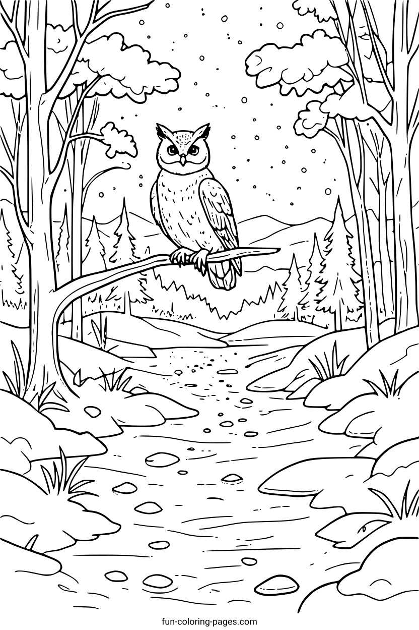 Owl in Winter Forest – free printable coloring page, available as PDF and SVG