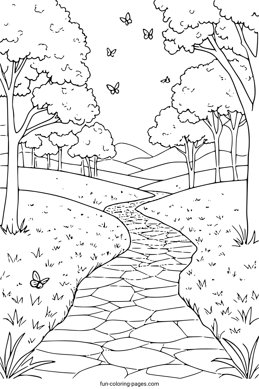 Peaceful Forest Path – free printable coloring page, available as PDF and SVG