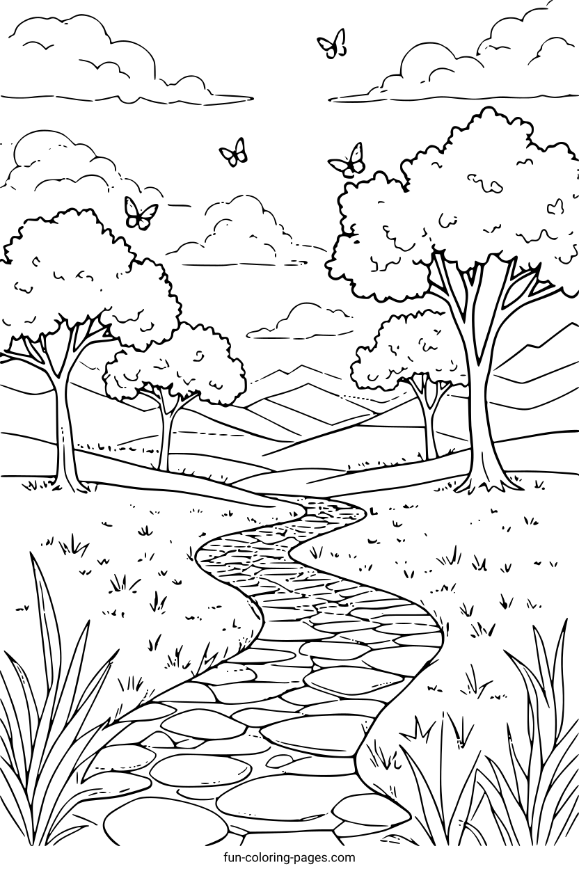 Peaceful Park Pathway – free printable coloring page, available as PDF and SVG