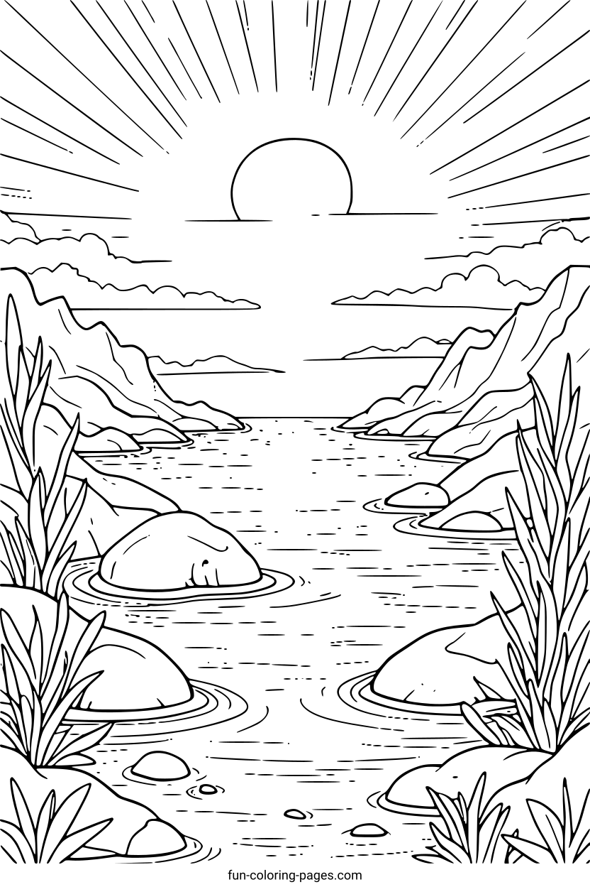 Peaceful Sunset Over a Lake – free printable coloring page, available as PDF and SVG