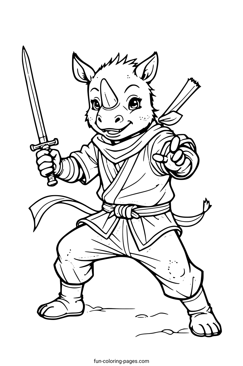 Rhino Ninja Warrior – free printable coloring page, available as PDF and SVG