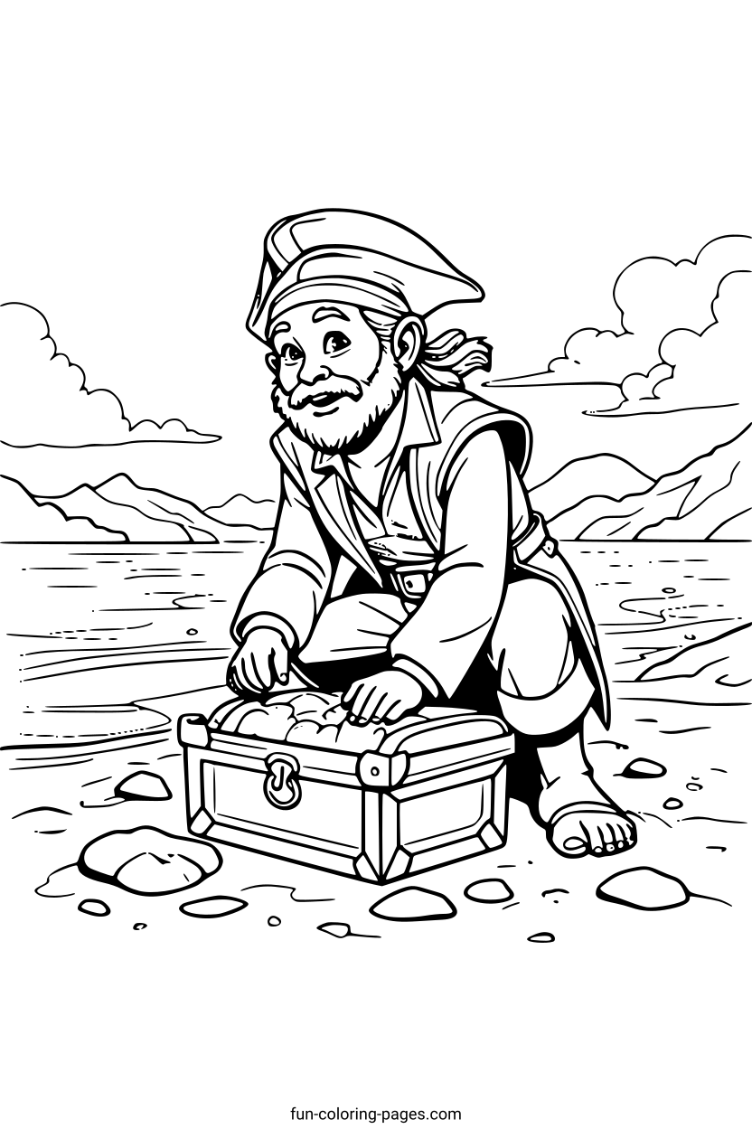 Pirate Discovering Treasure – free printable coloring page, available as PDF and SVG