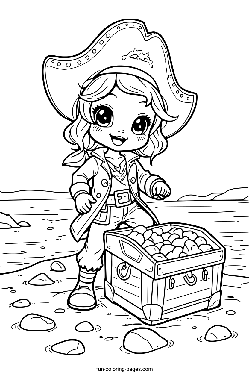 Pirate Girl with Treasure – free printable coloring page, available as PDF and SVG