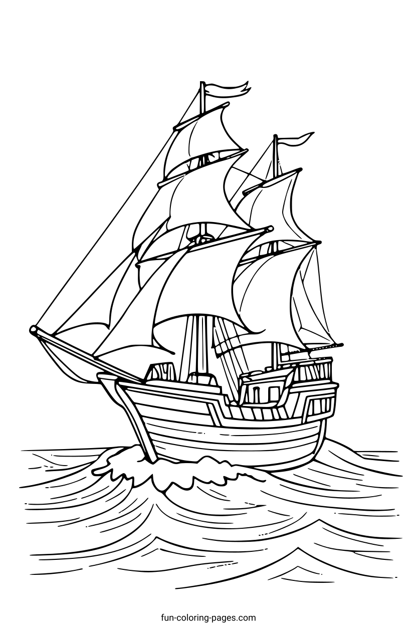 Pirate Ship on Rough Seas – free printable coloring page, available as PDF and SVG