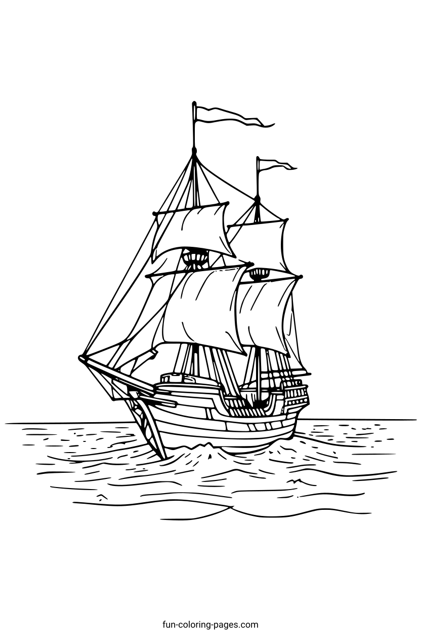 Pirate Ship on the Ocean – free printable coloring page, available as PDF and SVG