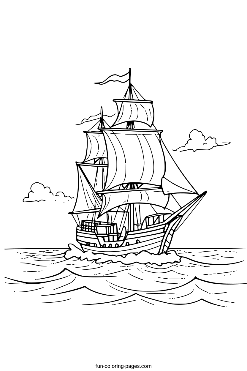 Pirate Ship on the Ocean – free printable coloring page, available as PDF and SVG