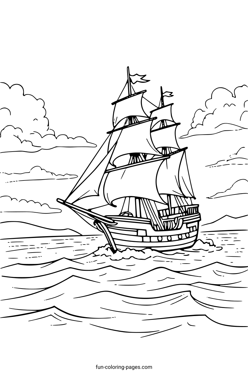 Pirate Ship on the Ocean – free printable coloring page, available as PDF and SVG