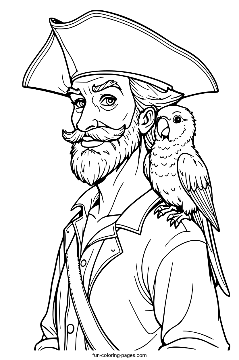 Pirate with Parrot – free printable coloring page, available as PDF and SVG