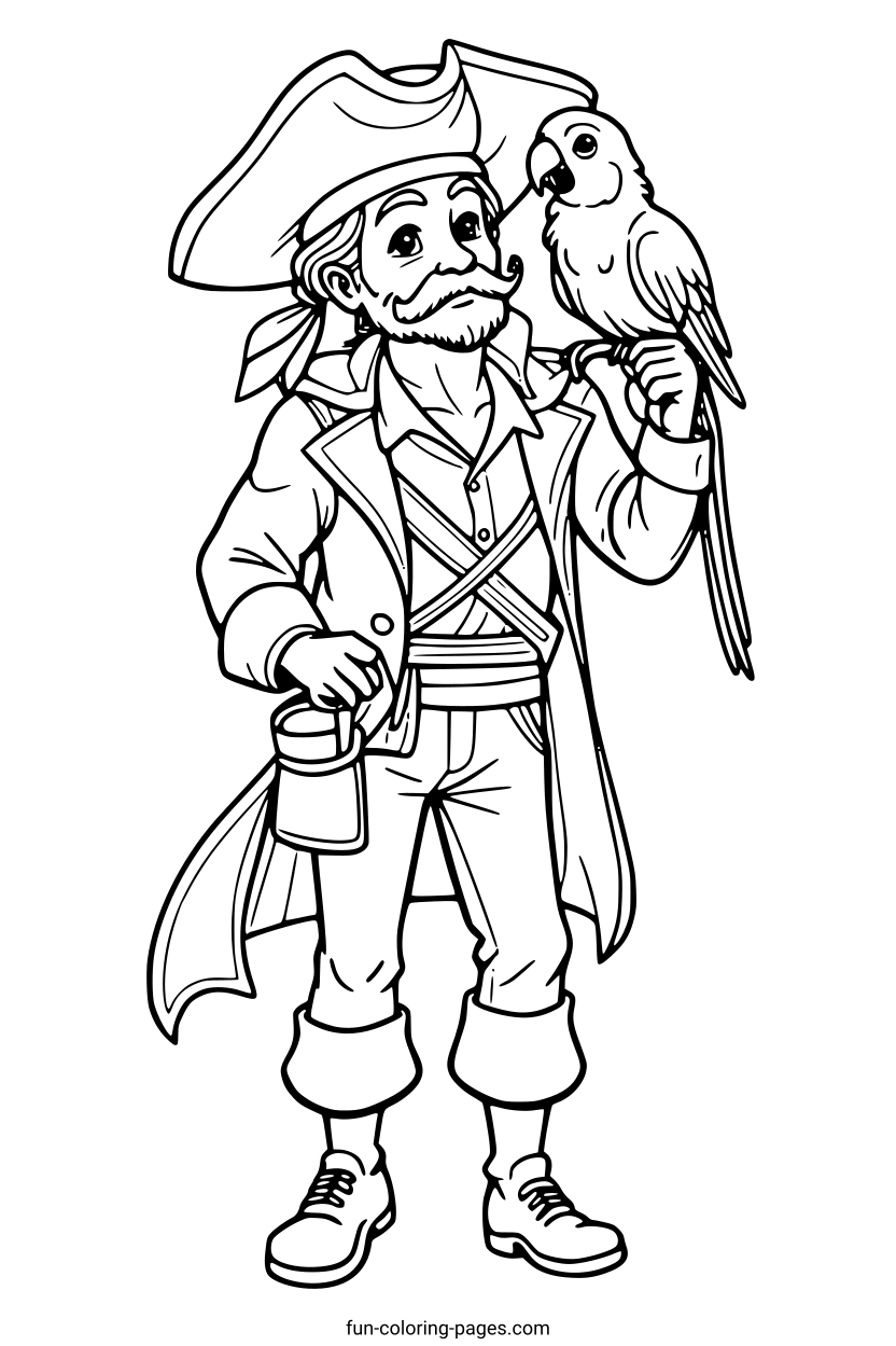 Pirate with Parrot – free printable coloring page, available as PDF and SVG