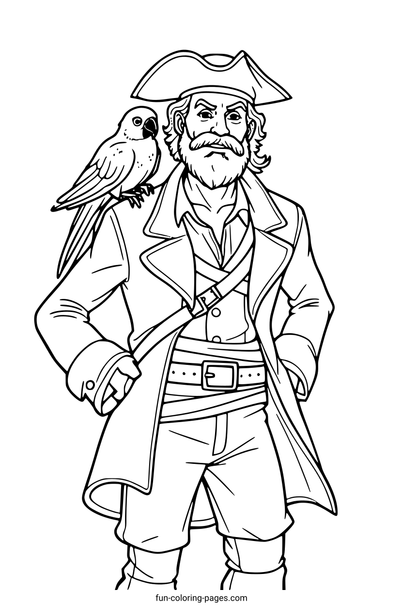Pirate with Parrot – free printable coloring page, available as PDF and SVG