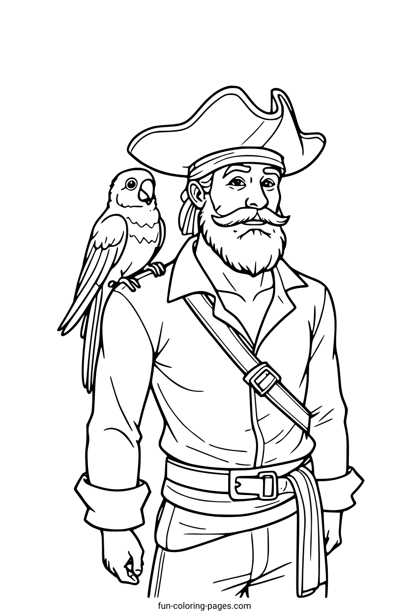 Pirate with Parrot – free printable coloring page, available as PDF and SVG