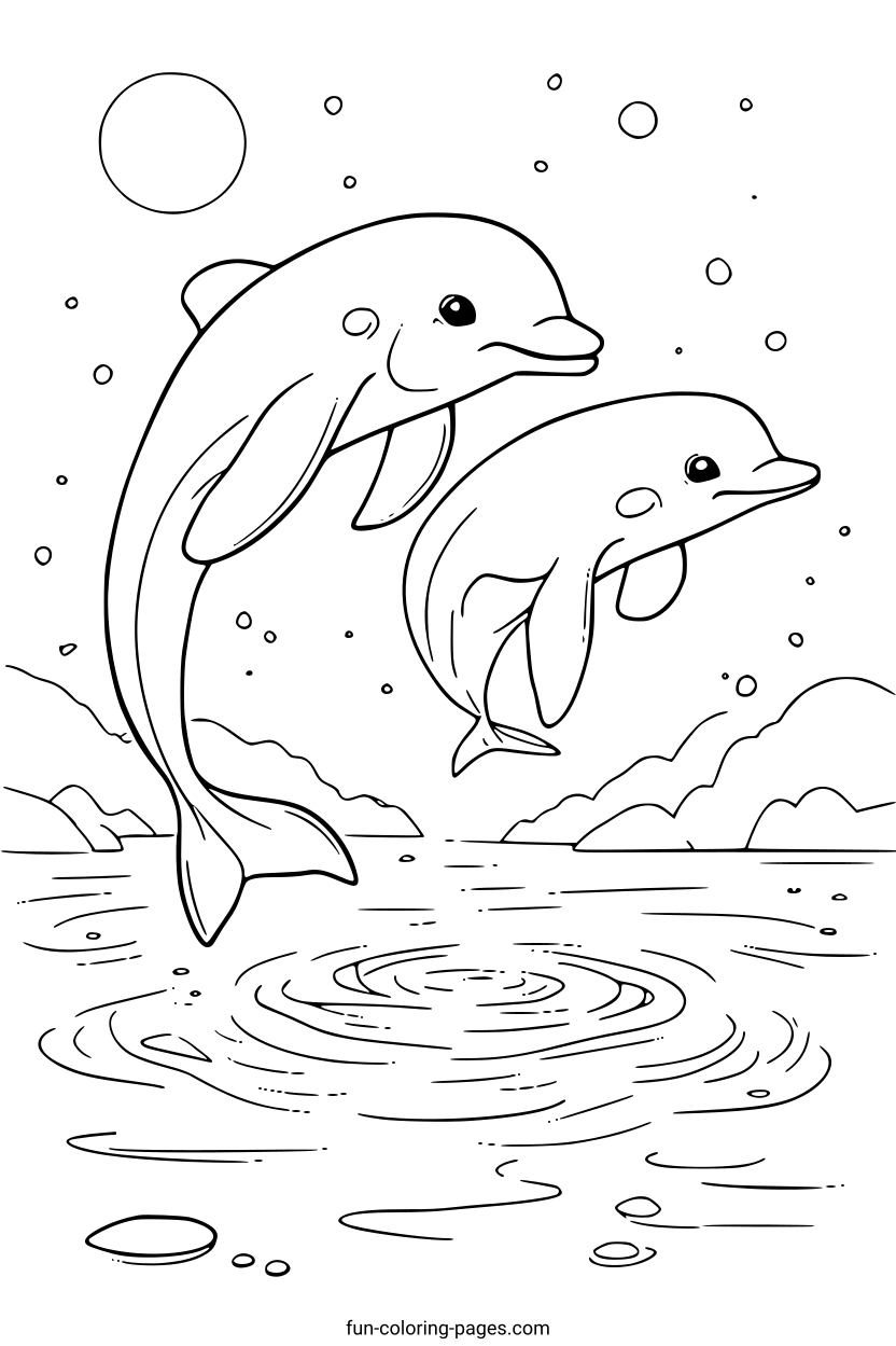 Playful Dolphins in the Water – free printable coloring page, available as PDF and SVG