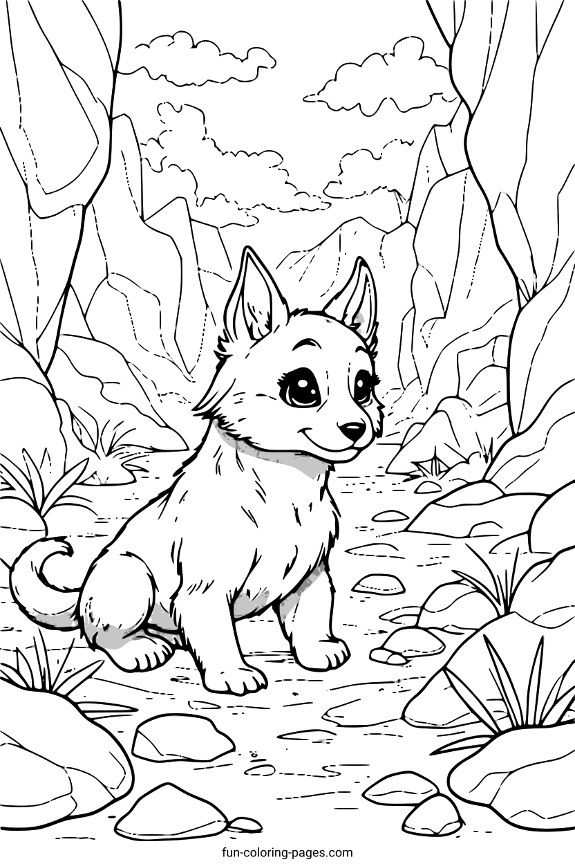 Playful Wolf in Desert – free printable coloring page, available as PDF and SVG